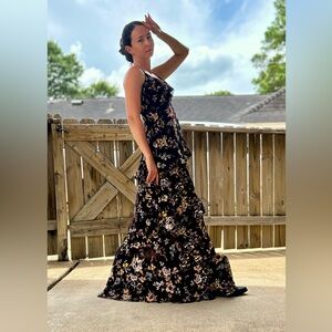 A.L.C. Zaydena Floral Silk Maxi Dress Black Floral Print Ruffle Spaghetti Strap
